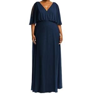 After Six Midnight Navy V-Neck Split Sleeve Blouson Maxi Dress Gown 14R NWT